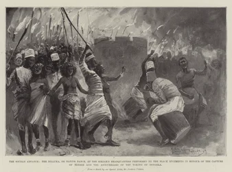 Soudanframstöten, Dilluka-dansen, eller infödingsdansen, vid sirdarens högkvarter, framförd av de svarta regementena för att hedra erövringen av Berber och årsdagen av intagandet av Dongola.